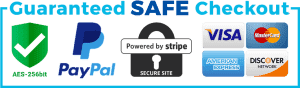 Guaranteed Safe Checkout with various payment methods including PayPal, Visa, MasterCard, American Express, and Discover. Features security icons like SSL encryption and a lock symbol for secure online transactions.